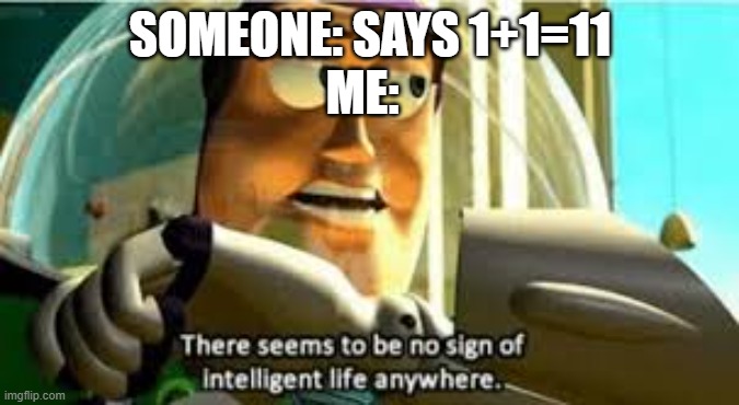 Kindergarteners in a nutshell | SOMEONE: SAYS 1+1=11; ME: | image tagged in there seems to be no sign of intelligent life anywhere,math,1 plus 1 equals 11 | made w/ Imgflip meme maker