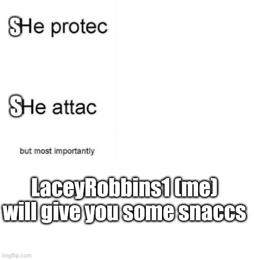 She protec she attac but most importantly | LaceyRobbins1 (me) will give you some snaccs | image tagged in she protec she attac but most importantly | made w/ Imgflip meme maker