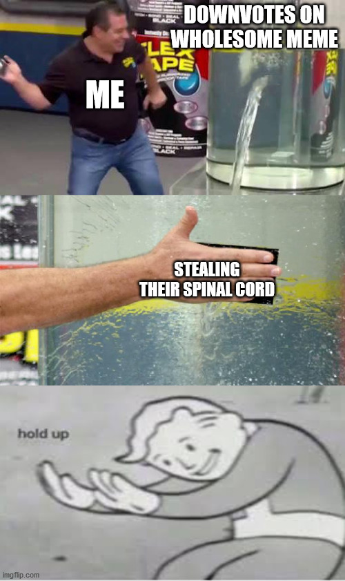 if this was real | DOWNVOTES ON WHOLESOME MEME; ME; STEALING THEIR SPINAL CORD | image tagged in flex tape | made w/ Imgflip meme maker