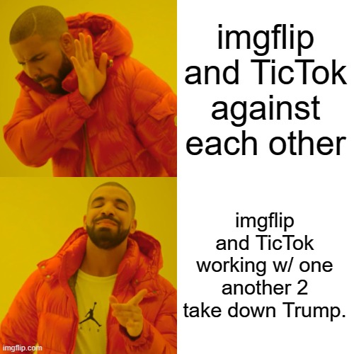 So my brother just told me this that imgflip and ticktok r gonna wrk together 2 take down trump? dunno if that's true but hey, a | imgflip and TicTok against each other; imgflip and TicTok working w/ one another 2 take down Trump. | image tagged in memes,drake hotline bling | made w/ Imgflip meme maker