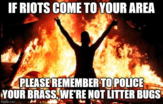 riot_image | IF RIOTS COME TO YOUR AREA; PLEASE REMEMBER TO POLICE YOUR BRASS, WE'RE NOT LITTER BUGS | image tagged in riot_image | made w/ Imgflip meme maker