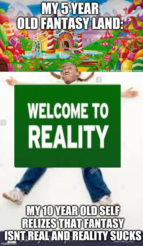 MY 5 YEAR OLD FANTASY LAND:; MY 10 YEAR OLD SELF RELIZES THAT FANTASY ISNT REAL AND REALITY SUCKS | image tagged in fantasy vs reality | made w/ Imgflip meme maker