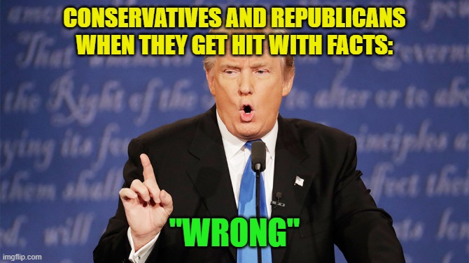 Donald Trump Wrong | CONSERVATIVES AND REPUBLICANS WHEN THEY GET HIT WITH FACTS:; "WRONG" | image tagged in donald trump wrong | made w/ Imgflip meme maker
