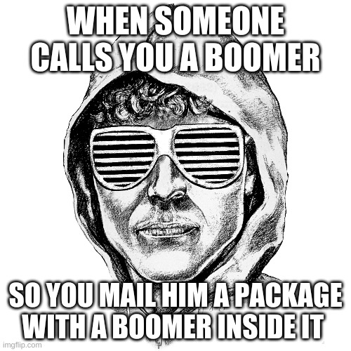 WHEN SOMEONE CALLS YOU A BOOMER; SO YOU MAIL HIM A PACKAGE WITH A BOOMER INSIDE IT | image tagged in unabomber,bomber,fbi | made w/ Imgflip meme maker