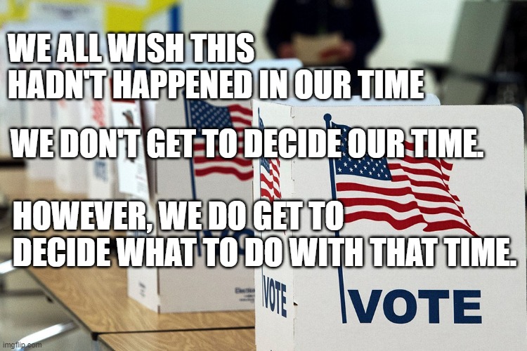 Paraphrasing Gandalf | WE ALL WISH THIS HADN'T HAPPENED IN OUR TIME; WE DON'T GET TO DECIDE OUR TIME. HOWEVER, WE DO GET TO DECIDE WHAT TO DO WITH THAT TIME. | image tagged in vote,election 2020 | made w/ Imgflip meme maker
