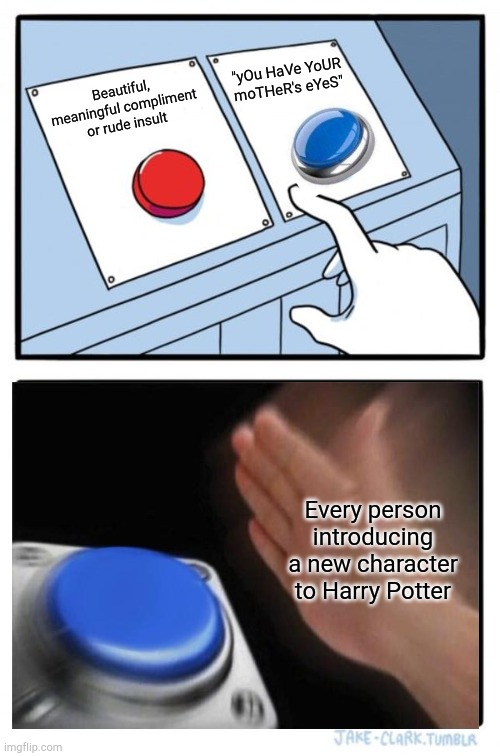 Speaks for itself. | "yOu HaVe YoUR moTHeR's eYeS"; Beautiful, meaningful compliment or rude insult; Every person introducing a new character to Harry Potter | image tagged in memes,two buttons,harry potter meme,writers,allow us to introduce ourselves | made w/ Imgflip meme maker