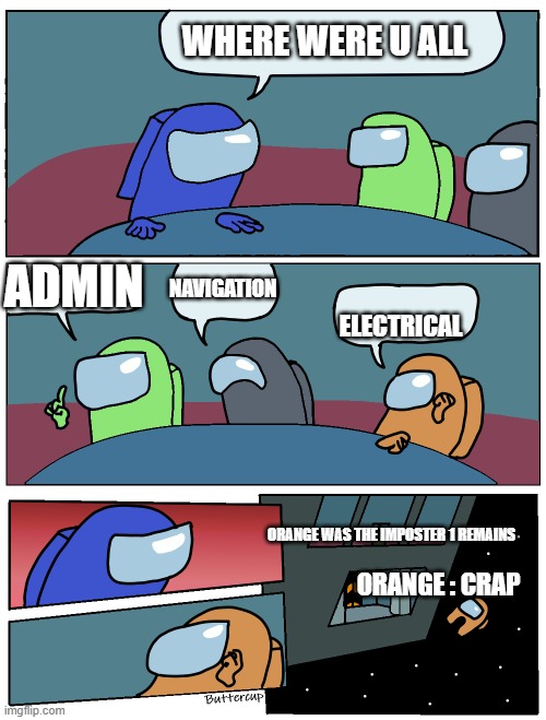 no one survives electrical | WHERE WERE U ALL; ADMIN; NAVIGATION; ELECTRICAL; ORANGE WAS THE IMPOSTER 1 REMAINS; ORANGE : CRAP | image tagged in among us meeting,among us | made w/ Imgflip meme maker