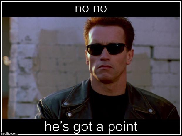 #NotAllReupublicanCelebritiesTurnedPoliticians | no no; he’s got a point | image tagged in arnold schwarzenegger terminator | made w/ Imgflip meme maker
