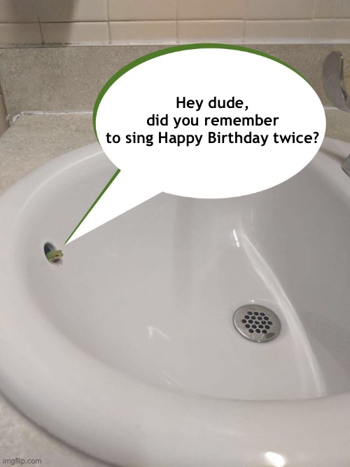 Silly Hand Washing Rules | Hey dude, did you remember to sing Happy Birthday twice? | image tagged in funny memes,hand washing | made w/ Imgflip meme maker