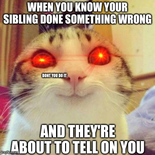 Smiling Cat Meme | WHEN YOU KNOW YOUR SIBLING DONE SOMETHING WRONG; DONT YOU DO IT; AND THEY'RE ABOUT TO TELL ON YOU | image tagged in memes,smiling cat | made w/ Imgflip meme maker