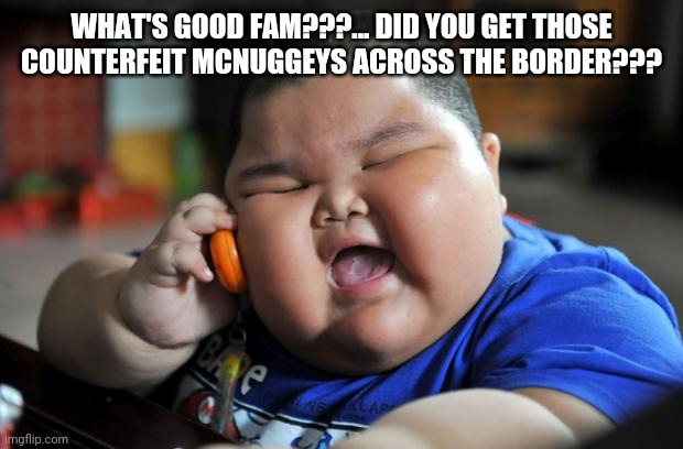 The plug | WHAT'S GOOD FAM???... DID YOU GET THOSE COUNTERFEIT MCNUGGEYS ACROSS THE BORDER??? | image tagged in fat asian kid,funny,fun,food,fast food | made w/ Imgflip meme maker