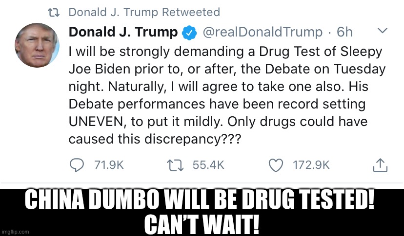 CHINA DUMBO WILL BE DRUG TESTED! 
CAN’T WAIT! | made w/ Imgflip meme maker