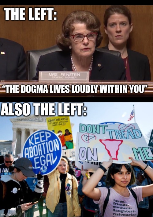 Leftism is a cult | THE LEFT:; ALSO THE LEFT:; “THE DOGMA LIVES LOUDLY WITHIN YOU” | image tagged in dianne feinstein,dogma,supreme court,feminism,abortion,amy | made w/ Imgflip meme maker
