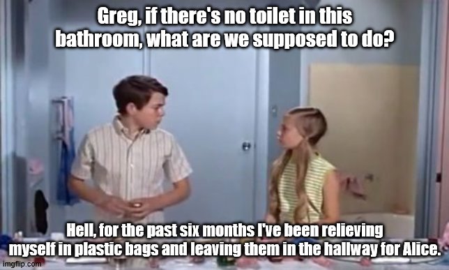 Brady Bunch Bathroom | Greg, if there's no toilet in this bathroom, what are we supposed to do? Hell, for the past six months I've been relieving myself in plastic bags and leaving them in the hallway for Alice. | image tagged in funny memes | made w/ Imgflip meme maker