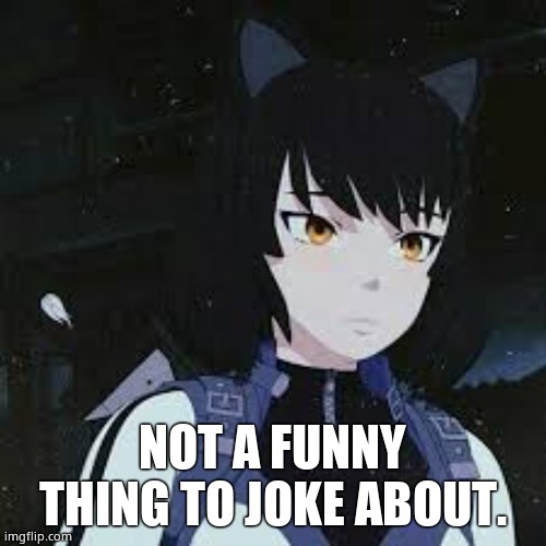 RWBY Blake | NOT A FUNNY THING TO JOKE ABOUT. | image tagged in rwby blake | made w/ Imgflip meme maker