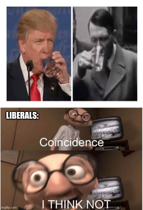 HmMmMmm?? | LIBERALS: | image tagged in blank white template,hmmm,hitler,donald trump,water,coincidence i think not | made w/ Imgflip meme maker