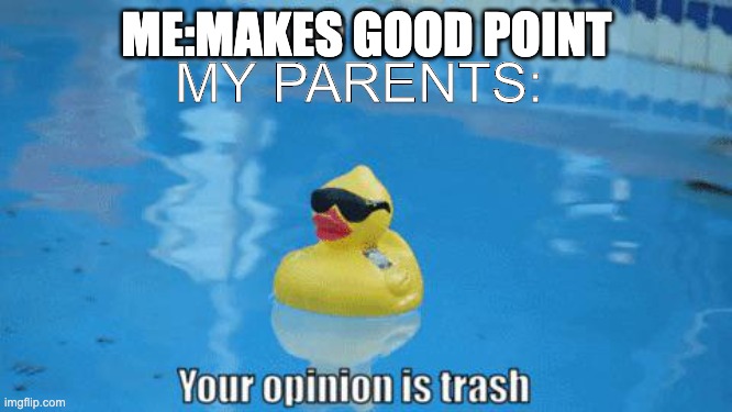 its not just mine right? | MY PARENTS:; ME:MAKES GOOD POINT | image tagged in splish splash your opinion is trash | made w/ Imgflip meme maker