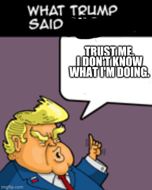 Pretty much every time that piehole opens, this comes out: | TRUST ME. I DON'T KNOW WHAT I'M DOING. | image tagged in 911trump,comedy gold,trump | made w/ Imgflip meme maker