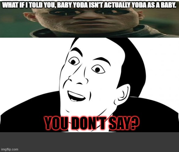 That's why he's called "The Child" Sorry if the making of this meme sucked. | WHAT IF I TOLD YOU, BABY YODA ISN'T ACTUALLY YODA AS A BABY. YOU DON'T SAY? | image tagged in memes,you don't say,baby yoda,star wars yoda,star wars,matrix morpheus | made w/ Imgflip meme maker