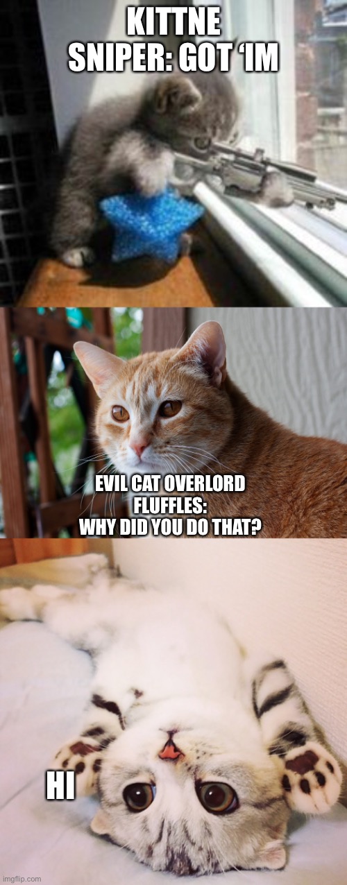 KITTNE SNIPER: GOT ‘IM EVIL CAT OVERLORD FLUFFLES: WHY DID YOU DO THAT? HI | made w/ Imgflip meme maker