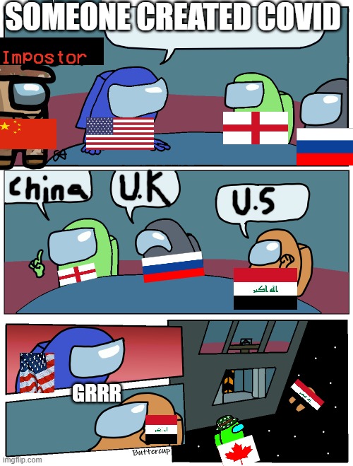 Meetings of The Countries | SOMEONE CREATED COVID; GRRR | image tagged in among us meeting,china,iraq,usa,uk,covid-19 | made w/ Imgflip meme maker