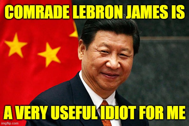 Xi Jinping | COMRADE LEBRON JAMES IS A VERY USEFUL IDIOT FOR ME | image tagged in xi jinping | made w/ Imgflip meme maker