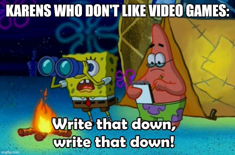 write that down | KARENS WHO DON'T LIKE VIDEO GAMES: | image tagged in write that down | made w/ Imgflip meme maker
