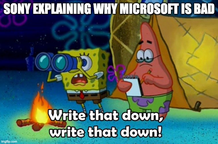 write that down | SONY EXPLAINING WHY MICROSOFT IS BAD | image tagged in write that down | made w/ Imgflip meme maker