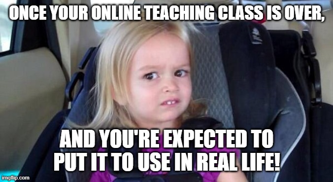 wtf girl | ONCE YOUR ONLINE TEACHING CLASS IS OVER, AND YOU'RE EXPECTED TO PUT IT TO USE IN REAL LIFE! | image tagged in wtf girl | made w/ Imgflip meme maker