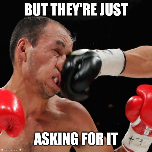 Boxer Getting Punched In The Face | BUT THEY'RE JUST ASKING FOR IT | image tagged in boxer getting punched in the face | made w/ Imgflip meme maker