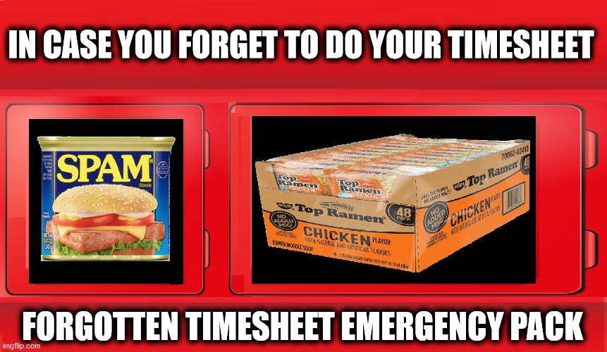 In case of Timesheet Emergency | IN CASE YOU FORGET TO DO YOUR TIMESHEET; FORGOTTEN TIMESHEET EMERGENCY PACK | image tagged in timesheet reminder,timesheet meme,timesheets on those who forget their timesheet,task failed successfully | made w/ Imgflip meme maker