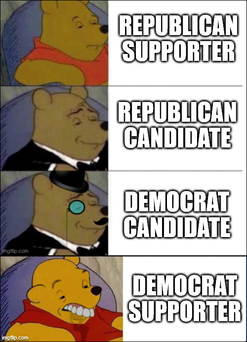 He is right, you know | REPUBLICAN SUPPORTER; REPUBLICAN CANDIDATE; DEMOCRAT CANDIDATE; DEMOCRAT SUPPORTER | image tagged in good better best wut,memes,winnie the pooh,republican,democrat,politics | made w/ Imgflip meme maker
