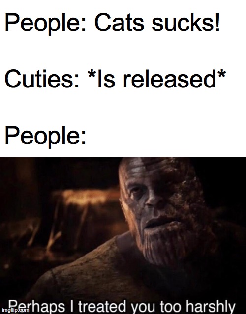 Perhaps I treated you too harshly | People: Cats sucks! Cuties: *Is released*; People: | image tagged in perhaps i treated you too harshly | made w/ Imgflip meme maker