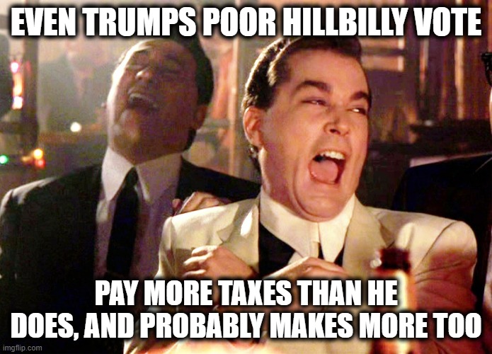 Trump supporters are suckers | EVEN TRUMPS POOR HILLBILLY VOTE; PAY MORE TAXES THAN HE DOES, AND PROBABLY MAKES MORE TOO | image tagged in memes,good fellas hilarious,taxes,maga,impeach trump | made w/ Imgflip meme maker