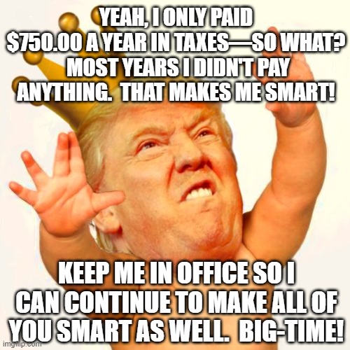 Trump the Tax Genius | YEAH, I ONLY PAID $750.00 A YEAR IN TAXES—SO WHAT?  MOST YEARS I DIDN'T PAY ANYTHING.  THAT MAKES ME SMART! KEEP ME IN OFFICE SO I CAN CONTINUE TO MAKE ALL OF YOU SMART AS WELL.  BIG-TIME! | image tagged in government corruption,donald trump approves,nevertrump,donald trump the clown,donald trump you're fired | made w/ Imgflip meme maker