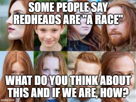 what do you think? | SOME PEOPLE SAY REDHEADS ARE "A RACE"; WHAT DO YOU THINK ABOUT THIS AND IF WE ARE, HOW? | image tagged in ginger lives matter,redheads,race,random,opinion | made w/ Imgflip meme maker