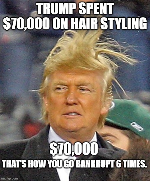 Donald Trumph hair | TRUMP SPENT $70,000 ON HAIR STYLING; $70,000; THAT'S HOW YOU GO BANKRUPT 6 TIMES. | image tagged in donald trumph hair | made w/ Imgflip meme maker