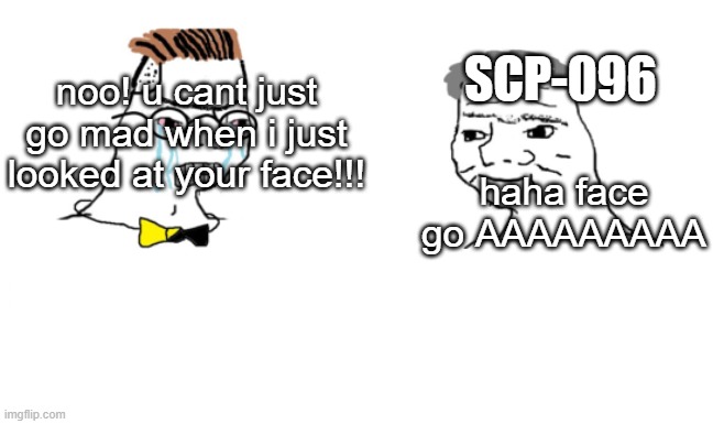 scp 096 lol | SCP-096; noo! u cant just go mad when i just looked at your face!!! haha face go AAAAAAAAA | image tagged in noooo you can't just | made w/ Imgflip meme maker