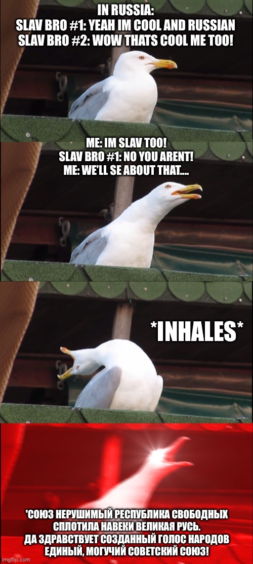 Inhaling Seagull Meme | IN RUSSIA:
SLAV BRO #1: YEAH IM COOL AND RUSSIAN
SLAV BRO #2: WOW THATS COOL ME TOO! ME: IM SLAV TOO!

SLAV BRO #1: NO YOU ARENT!
ME: WE’LL SE ABOUT THAT.... *INHALES*; 'СОЮЗ НЕРУШИМЫЙ РЕСПУБЛИКА СВОБОДНЫХ
 СПЛОТИЛА НАВЕКИ ВЕЛИКАЯ РУСЬ.
 ДА ЗДРАВСТВУЕТ СОЗДАННЫЙ ГОЛОС НАРОДОВ
 ЕДИНЫЙ, МОГУЧИЙ СОВЕТСКИЙ СОЮЗ! | image tagged in memes,inhaling seagull,SovietMemes | made w/ Imgflip meme maker