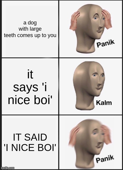 Panik Kalm Panik | a dog with large teeth comes up to you; it says 'i nice boi'; IT SAID 'I NICE BOI' | image tagged in memes,panik kalm panik | made w/ Imgflip meme maker