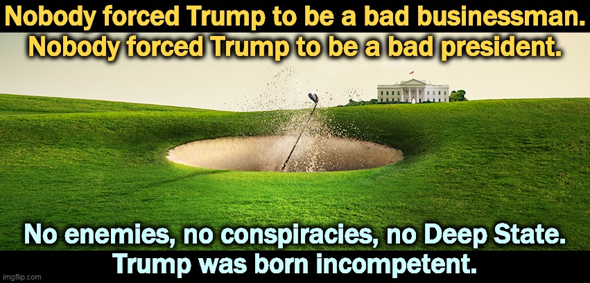 All of Trump's wounds are self-inflicted. He did it all to himself. | Nobody forced Trump to be a bad businessman.
Nobody forced Trump to be a bad president. No enemies, no conspiracies, no Deep State.
Trump was born incompetent. | image tagged in trump,bad,businessman,president,incompetence | made w/ Imgflip meme maker