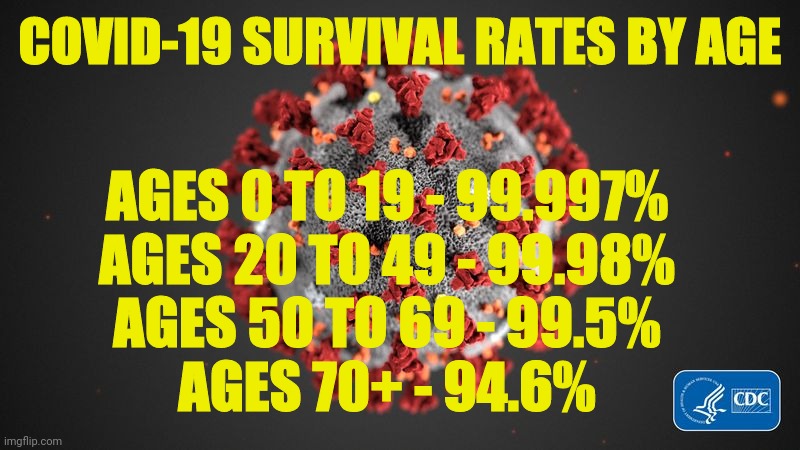 Just a Reminder | COVID-19 SURVIVAL RATES BY AGE; AGES 0 TO 19 - 99.997%

AGES 20 TO 49 - 99.98%

AGES 50 TO 69 - 99.5%

AGES 70+ - 94.6% | image tagged in covid 19,plandemic,vote trump,trump 2020,no fear,love wins | made w/ Imgflip meme maker