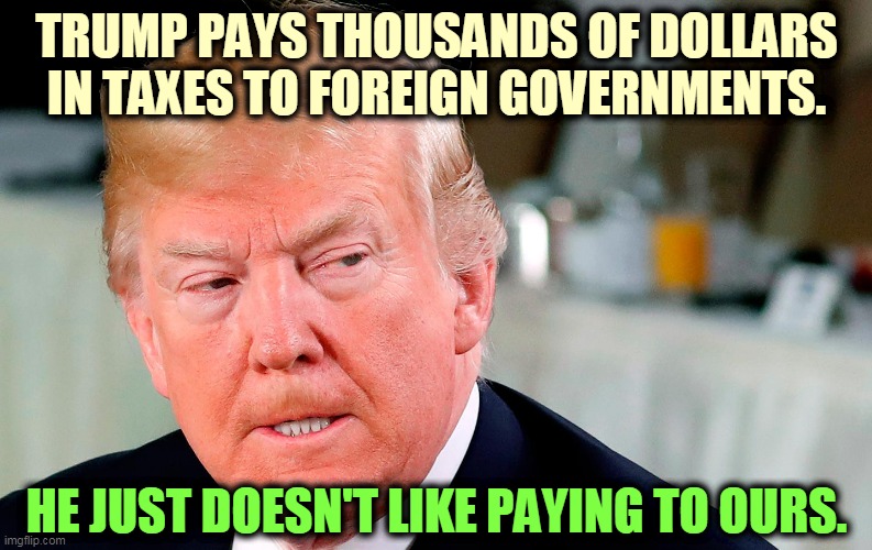 If Trump actually paid his taxes, you wouldn't have to pay so much. But that's up to the grand jury. | TRUMP PAYS THOUSANDS OF DOLLARS IN TAXES TO FOREIGN GOVERNMENTS. HE JUST DOESN'T LIKE PAYING TO OURS. | image tagged in trump lip curl as his world goes to shit,trump,taxes,crook | made w/ Imgflip meme maker