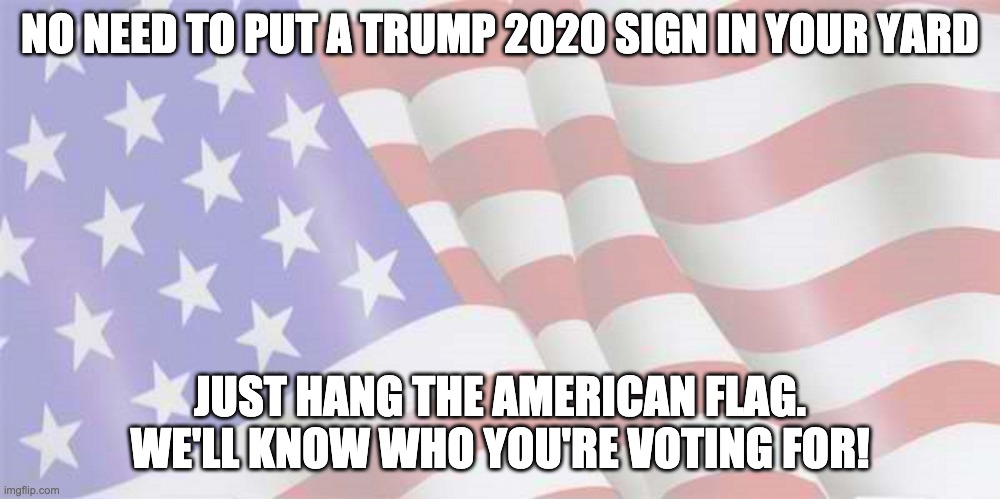 Trump Flag | NO NEED TO PUT A TRUMP 2020 SIGN IN YOUR YARD; JUST HANG THE AMERICAN FLAG. WE'LL KNOW WHO YOU'RE VOTING FOR! | image tagged in trump,trump2020 | made w/ Imgflip meme maker