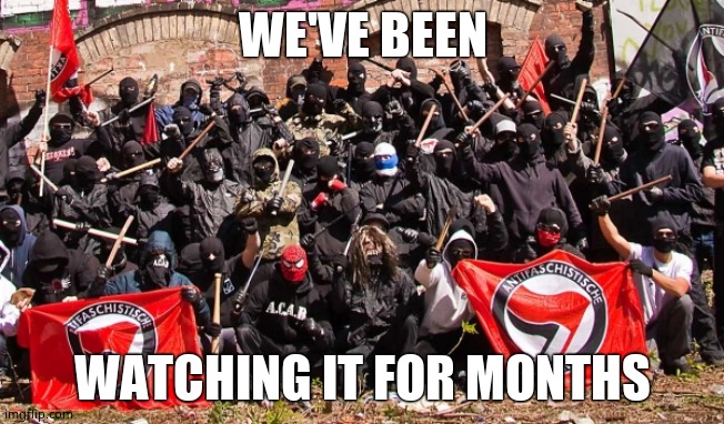 Antifa | WE'VE BEEN WATCHING IT FOR MONTHS | image tagged in antifa | made w/ Imgflip meme maker