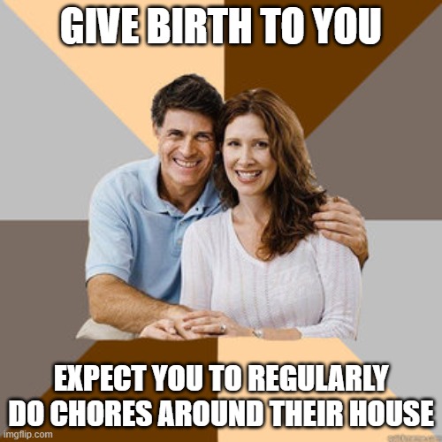 Scumbag Parents | GIVE BIRTH TO YOU; EXPECT YOU TO REGULARLY DO CHORES AROUND THEIR HOUSE | image tagged in scumbag parents,scumbags,double standards,memes,meme,chores | made w/ Imgflip meme maker