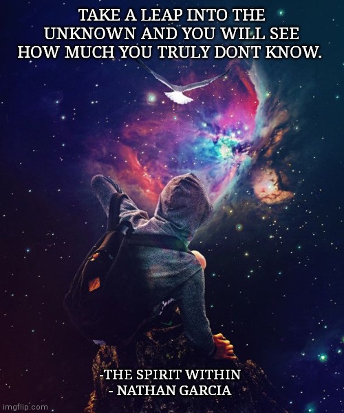 TAKE A LEAP INTO THE UNKNOWN AND YOU WILL SEE HOW MUCH YOU TRULY DONT KNOW. -THE SPIRIT WITHIN 
- NATHAN GARCIA | made w/ Imgflip meme maker