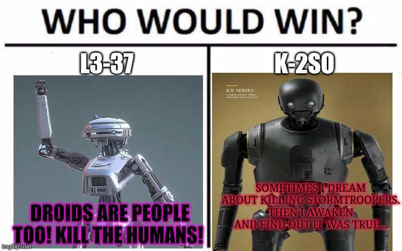 Droid vs droid | L3-37; K-2SO; SOMETIMES I DREAM ABOUT KILLING STORMTROOPERS. THEN I AWAKEN AND FIND OUT IT WAS TRUE... DROIDS ARE PEOPLE TOO! KILL THE HUMANS! | image tagged in memes,who would win,star wars,droids | made w/ Imgflip meme maker
