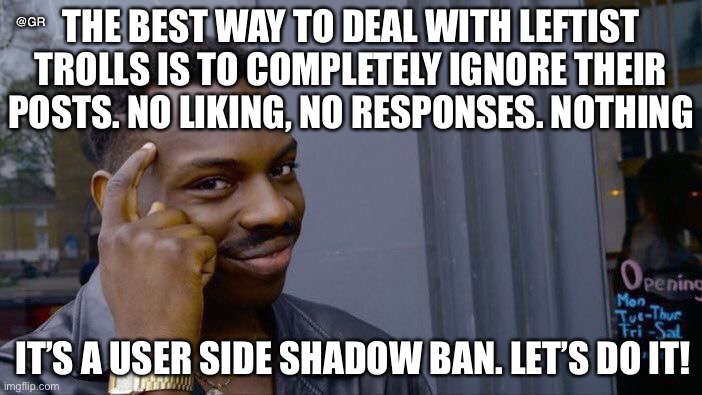 They really can’t meme anyways so… | @GR; THE BEST WAY TO DEAL WITH LEFTIST TROLLS IS TO COMPLETELY IGNORE THEIR POSTS. NO LIKING, NO RESPONSES. NOTHING; IT’S A USER SIDE SHADOW BAN. LET’S DO IT! | image tagged in memes,roll safe think about it | made w/ Imgflip meme maker