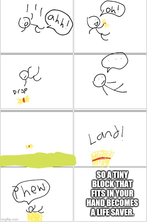 Minecraft logics: hay bale | SO A TINY BLOCK THAT FITS IN YOUR HAND BECOMES A LIFE SAVER. | image tagged in memes,blank comic panel 2x2,minecraft,hay bale | made w/ Imgflip meme maker